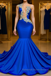 V-neck Mermaid Appliques Lace Sequined Open Back One Shoulder Floor-length Sleeveless Semi Formal Prom Dresses